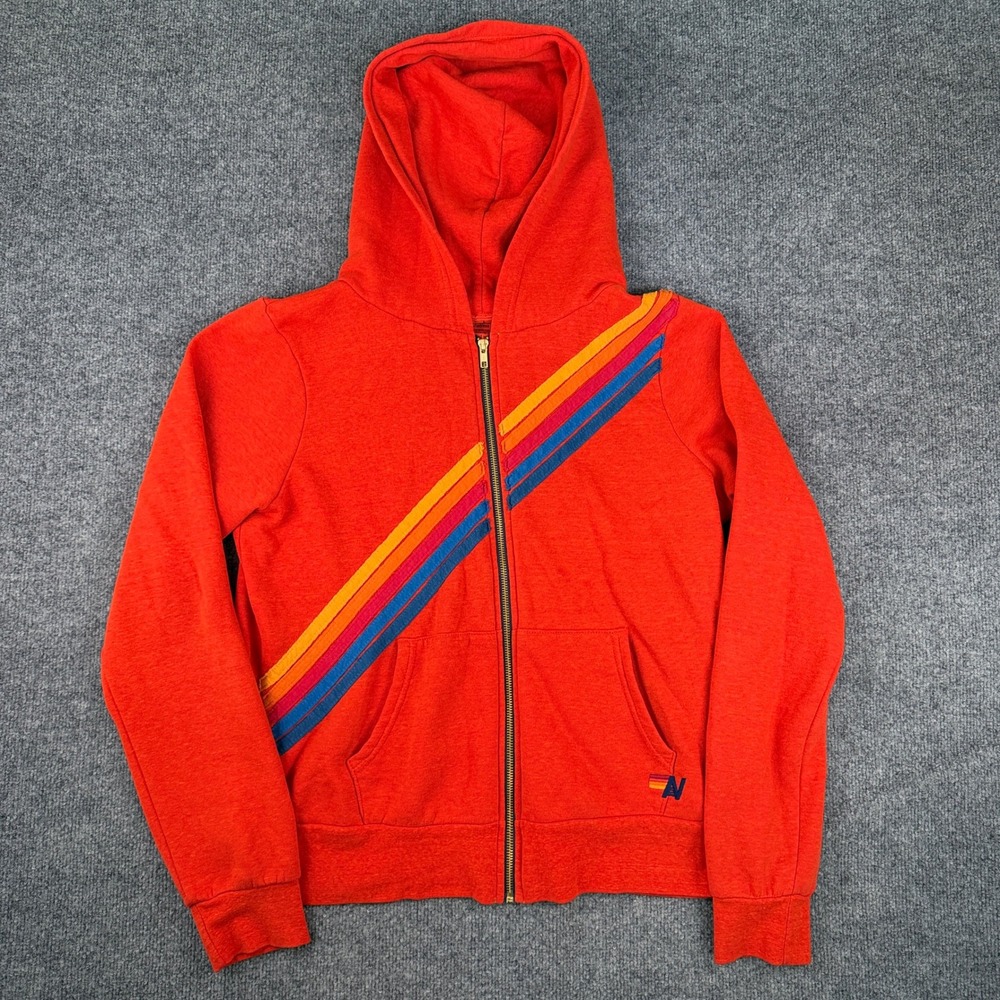 Aviator Nation Disco Hoodie Mens L Orange Striped Full Zip Sweatshirt USA made